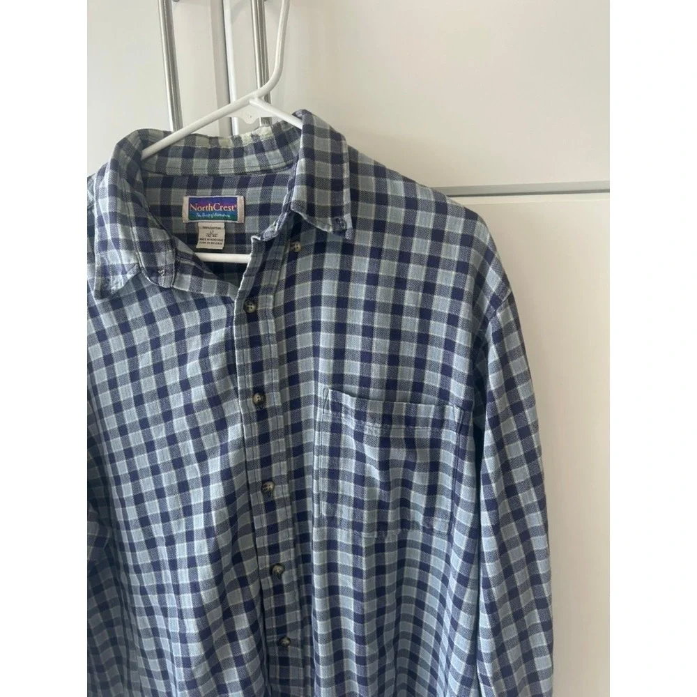NorthCrest Mens Blue Grey Plaid Long Sleeve Cotton‎ Button Down Shirt LT 42-44